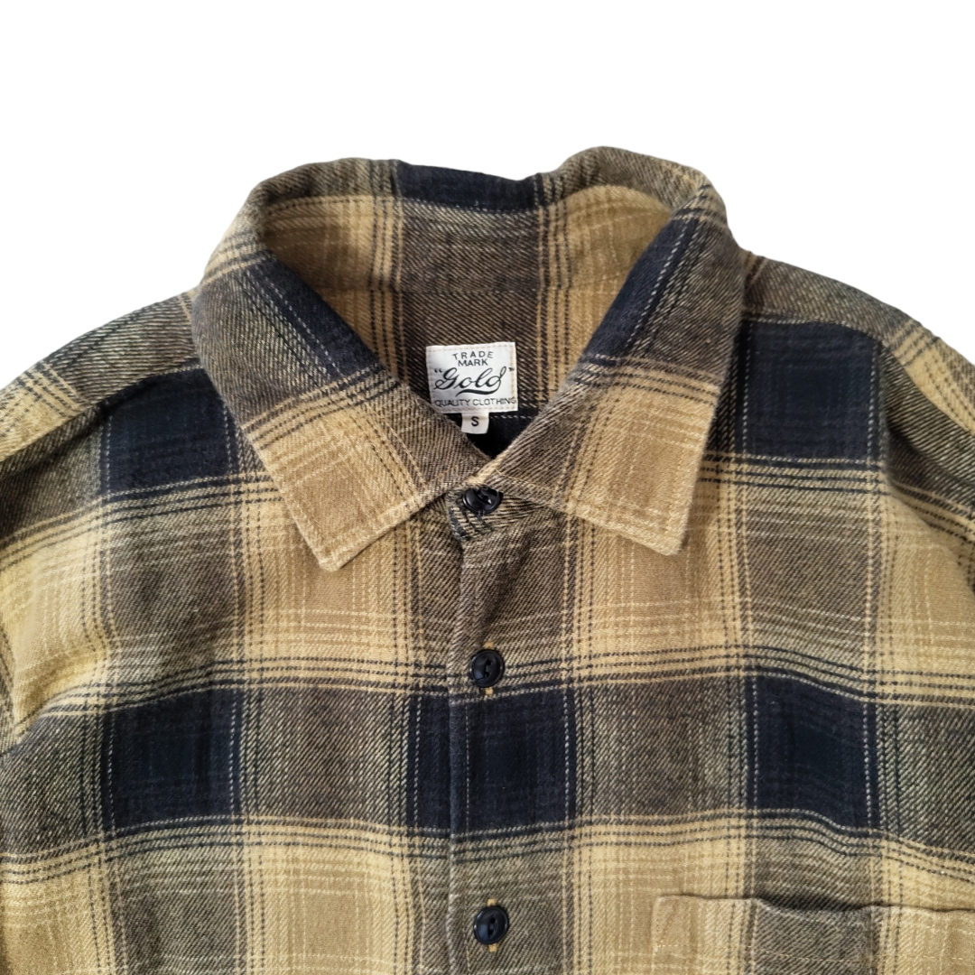 USED S Heavy frannel ombre check shirt -gold-