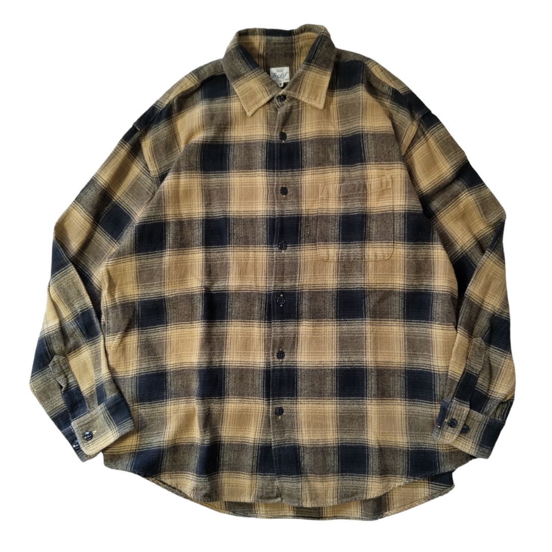 USED S Heavy frannel ombre check shirt -gold-