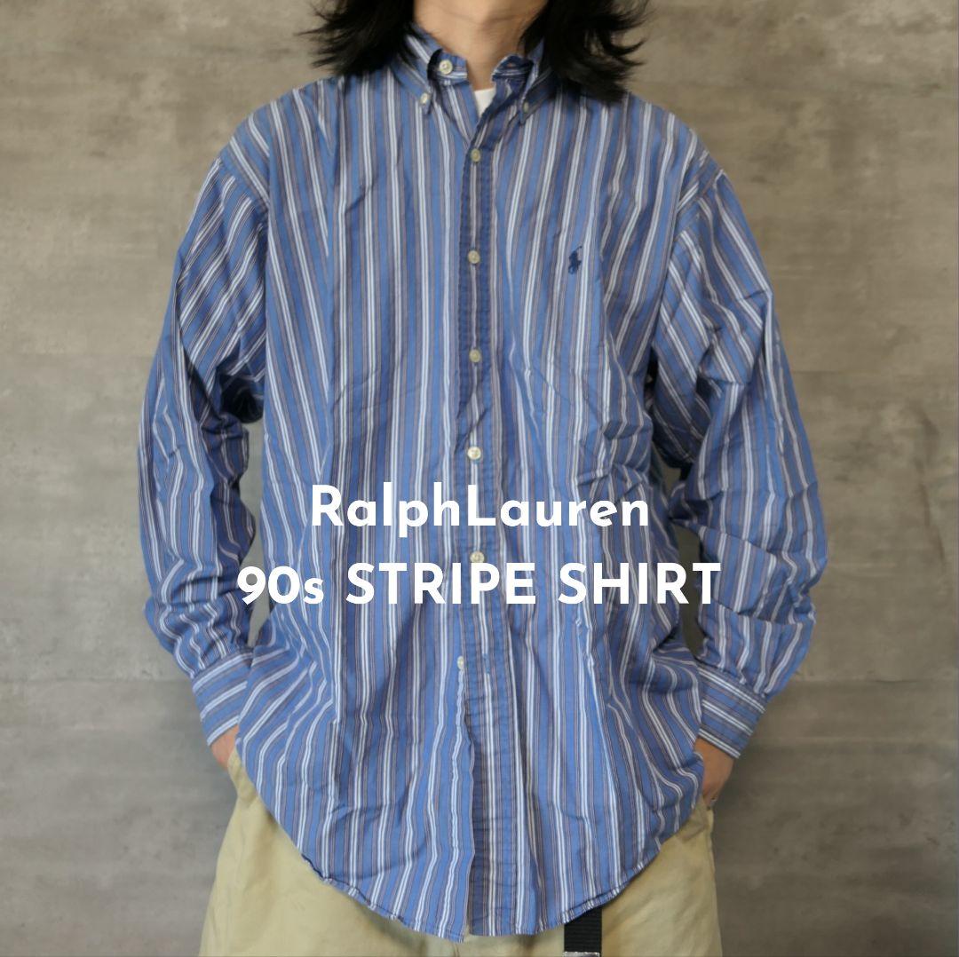 VINTAGE 90s L Button down stripe shirt -RalphLauren-