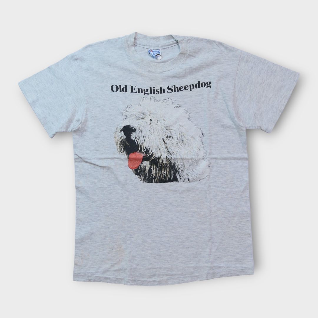 VINTAGE 90s M Dog Print Tee "OLD ENGLISH SHEEP DOG" -TELETREND COLS-