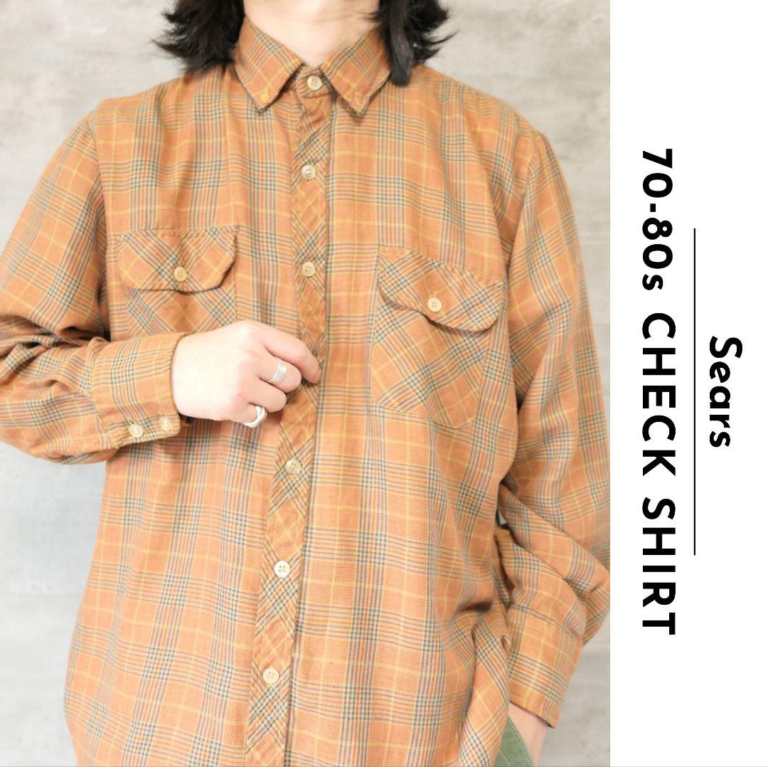 VINTAGE 70~80s L Check shirt -Sears-
